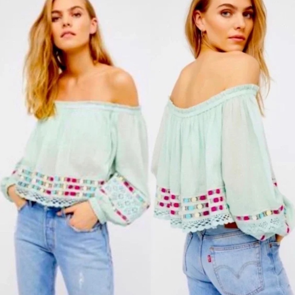 Free People Wander the Unknown Mint Green Off-the-Shoulder Crochet Crop Top